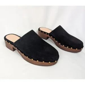 J Crew 9.5 Dakota Clog Black Suede Leather Studded Detailing Wood Block Heel