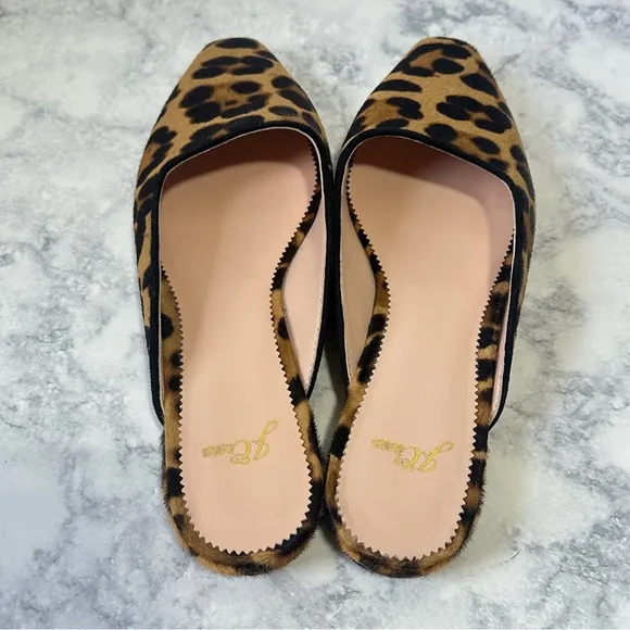 J. Crew Carolyn Mules Flats Leopard Print Calf Hair slides almond AQ672 size 8