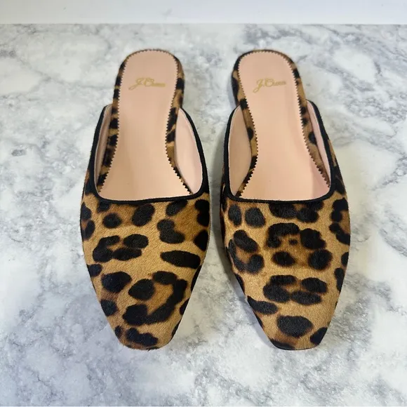 J. Crew Carolyn Mules Flats Leopard Print Calf Hair slides almond AQ672 size 8