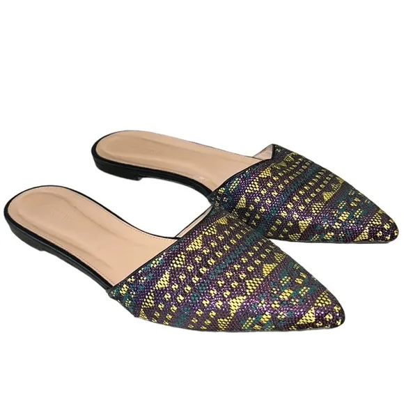 J. Crew Harper Metallic Woven Pointed Toe Flat Mules - 9.5