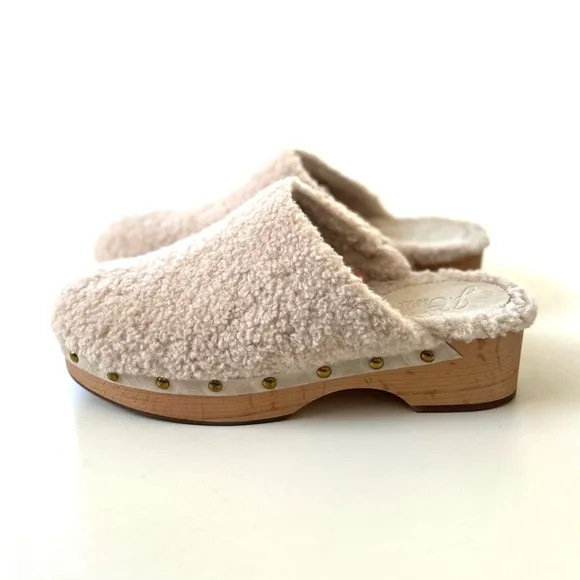 J. Crew Ivory White Sherpa Faux Fur Wood Platform Studded Slip-On Clogs