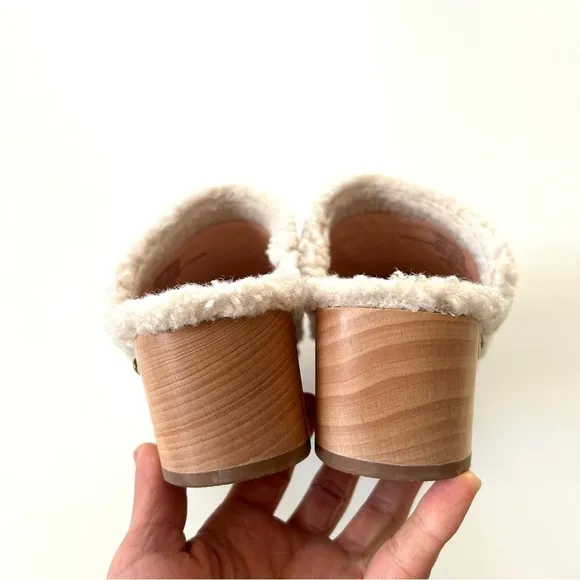 J. Crew Ivory White Sherpa Faux Fur Wood Platform Studded Slip-On Clogs