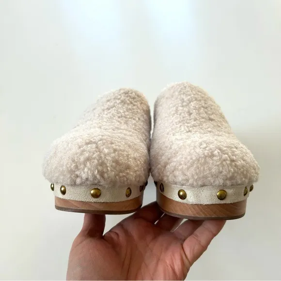J. Crew Ivory White Sherpa Faux Fur Wood Platform Studded Slip-On Clogs