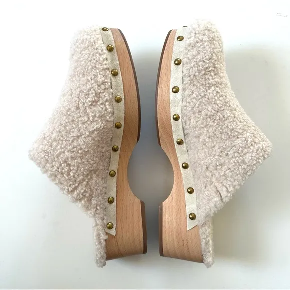J. Crew Ivory White Sherpa Faux Fur Wood Platform Studded Slip-On Clogs