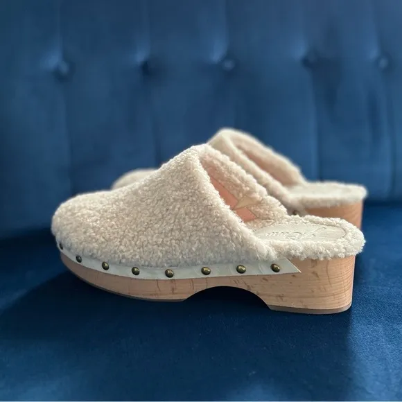 J. Crew Ivory White Sherpa Faux Fur Wood Platform Studded Slip-On Clogs