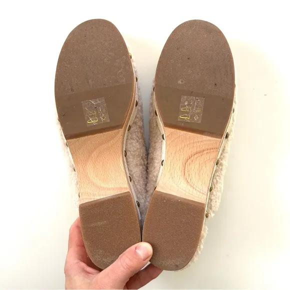 J. Crew Ivory White Sherpa Faux Fur Wood Platform Studded Slip-On Clogs