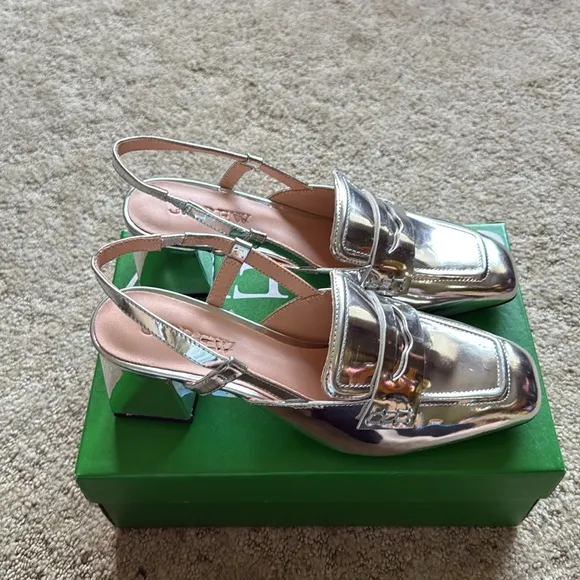 J. Crew Layne Slingback Loafer Heels in Metallic Leather