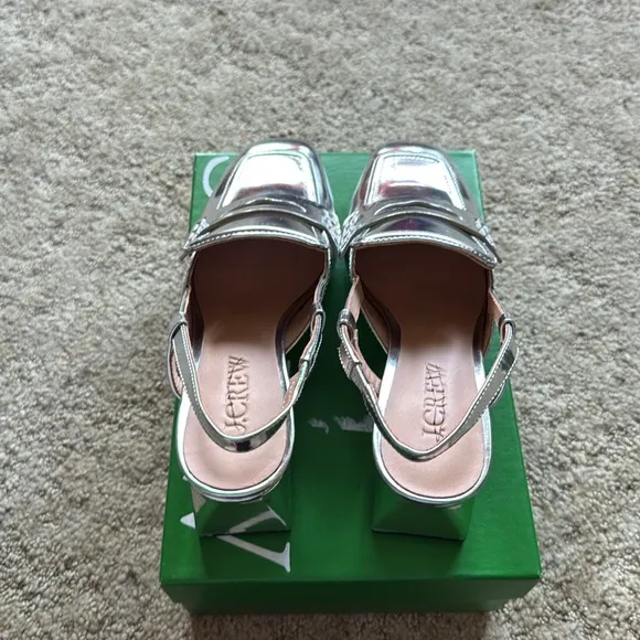 J. Crew Layne Slingback Loafer Heels in Metallic Leather