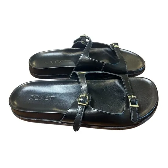J Crew Sandal Women 10 Black Leather Metal Buckle Slip On Summer Neutral Colbie