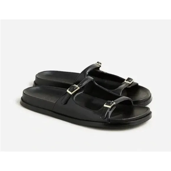 J Crew Sandal Women 10 Black Leather Metal Buckle Slip On Summer Neutral Colbie