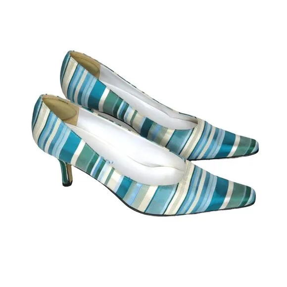 J. Renee 1980s Vintage Satin Blue Striped Vintage Heels Pumps Size 7 Retro
