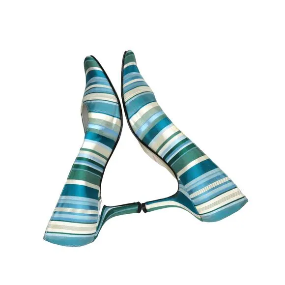 J. Renee 1980s Vintage Satin Blue Striped Vintage Heels Pumps Size 7 Retro