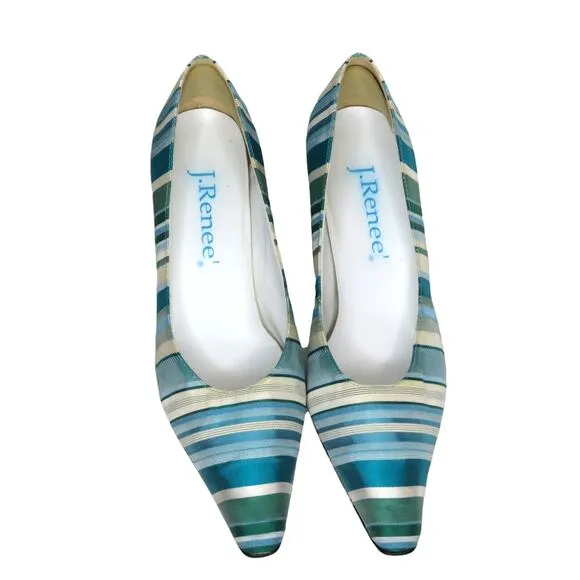 J. Renee 1980s Vintage Satin Blue Striped Vintage Heels Pumps Size 7 Retro