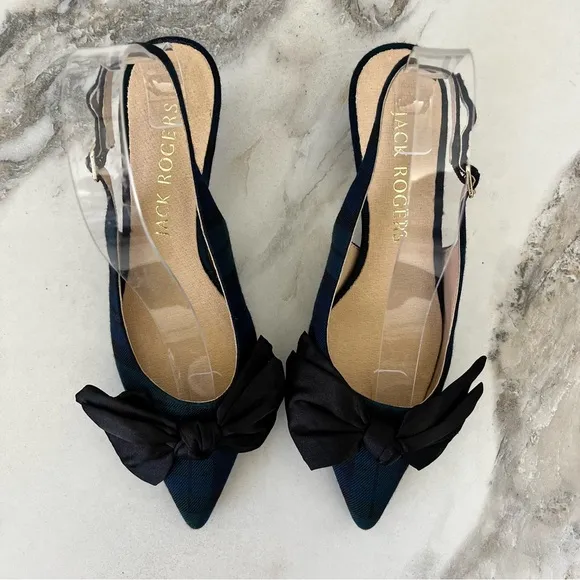 JACK ROGERS Debra Plaid Satin Bow Slingback Kitten Heels in Midnight Size 6.5