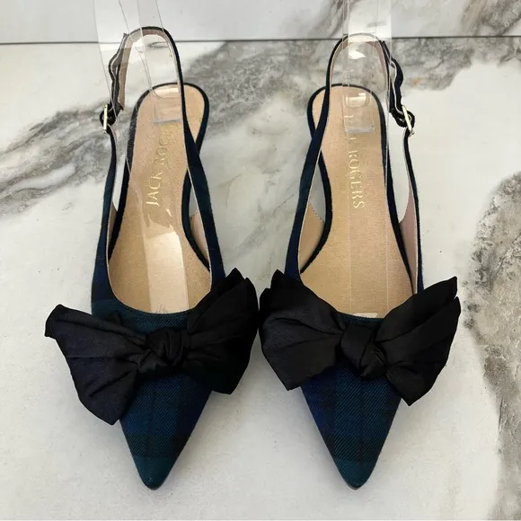 JACK ROGERS Debra Plaid Satin Bow Slingback Kitten Heels in Midnight Size 6.5