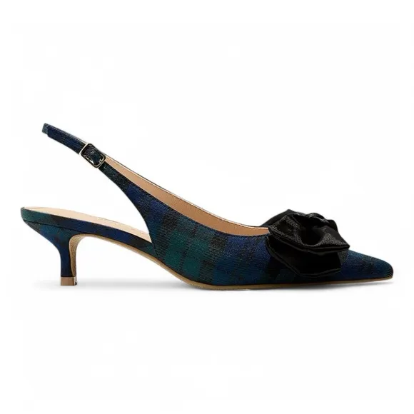 JACK ROGERS Debra Plaid Satin Bow Slingback Kitten Heels in Midnight Size 6.5