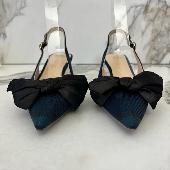 JACK ROGERS Debra Plaid Satin Bow Slingback Kitten Heels in Midnight Size 6.5