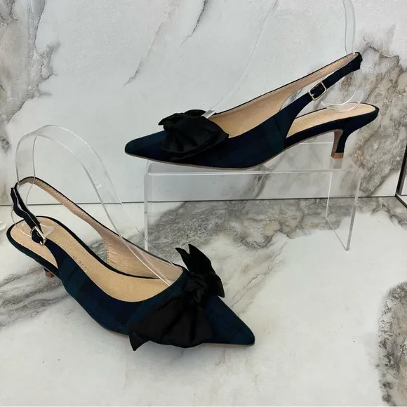 JACK ROGERS Debra Plaid Satin Bow Slingback Kitten Heels in Midnight Size 6.5