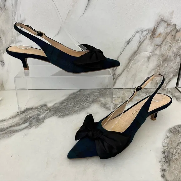 JACK ROGERS Debra Plaid Satin Bow Slingback Kitten Heels in Midnight Size 6.5