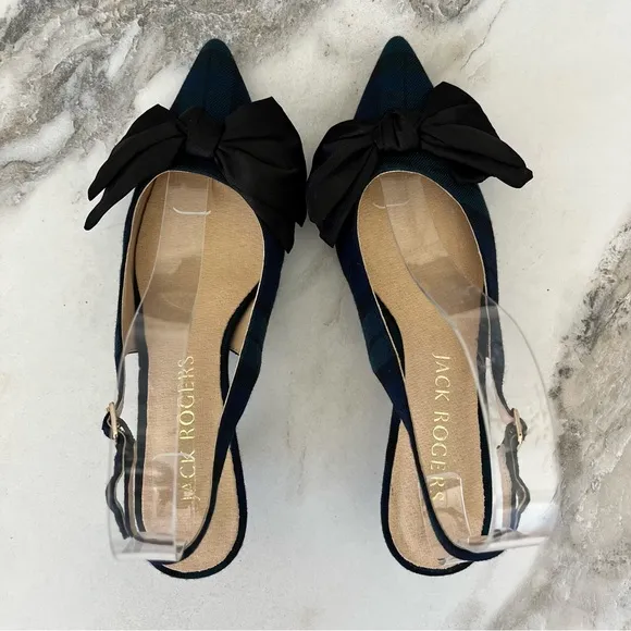JACK ROGERS Debra Plaid Satin Bow Slingback Kitten Heels in Midnight Size 6.5