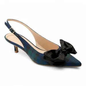 JACK ROGERS Debra Plaid Satin Bow Slingback Kitten Heels in Midnight Size 6.5