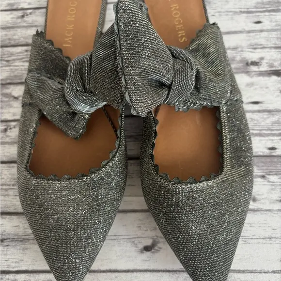 Jack Rogers Women's Silver Elle Flat Mules Slip on BOW Size 10