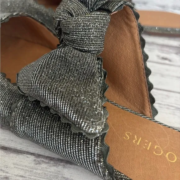 Jack Rogers Women's Silver Elle Flat Mules Slip on BOW Size 10