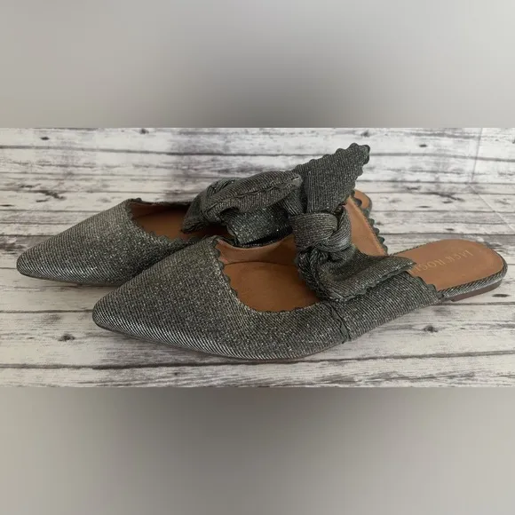 Jack Rogers Women's Silver Elle Flat Mules Slip on BOW Size 10