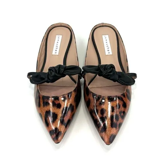 JAMES CHAN &quot;NAJA&quot; LEOPARD PRINT GLITTER ILLUSION PATENT LEATHER FLAT MULES🆕