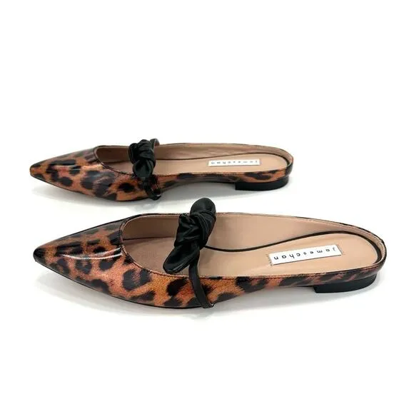 JAMES CHAN &quot;NAJA&quot; LEOPARD PRINT GLITTER ILLUSION PATENT LEATHER FLAT MULES🆕