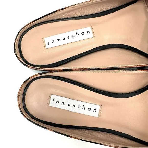 JAMES CHAN &quot;NAJA&quot; LEOPARD PRINT GLITTER ILLUSION PATENT LEATHER FLAT MULES🆕