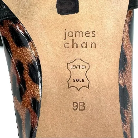 JAMES CHAN &quot;NAJA&quot; LEOPARD PRINT GLITTER ILLUSION PATENT LEATHER FLAT MULES🆕