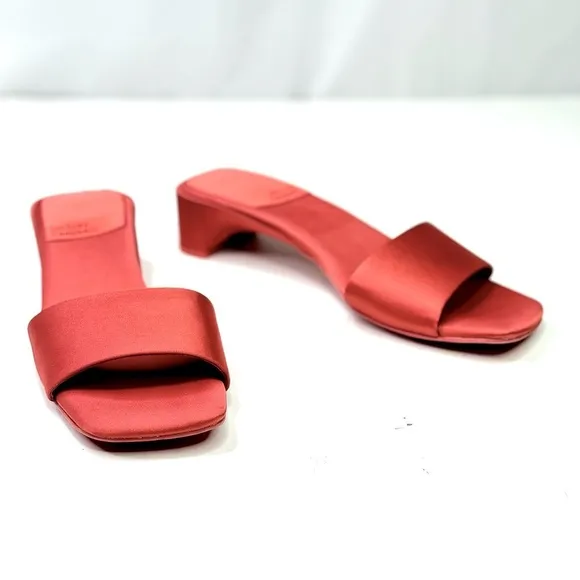 Jeffrey Campbell Anthro Low-Key Heels Coral satin slip on mules kitten heel 6.5