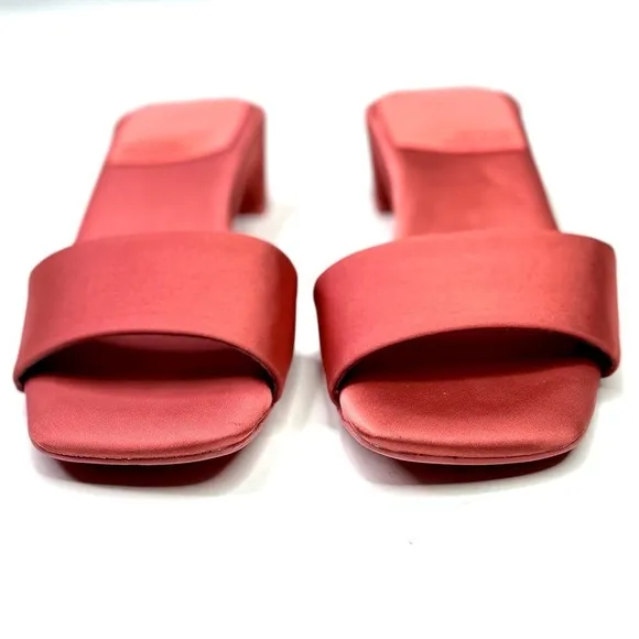 Jeffrey Campbell Anthro Low-Key Heels Coral satin slip on mules kitten heel 6.5