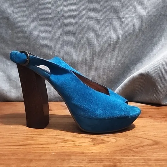 JEFFREY CAMPBELL Aqua Suede &quot;Friend&quot; Peep-Toe Slingback Platform Heels, size 7