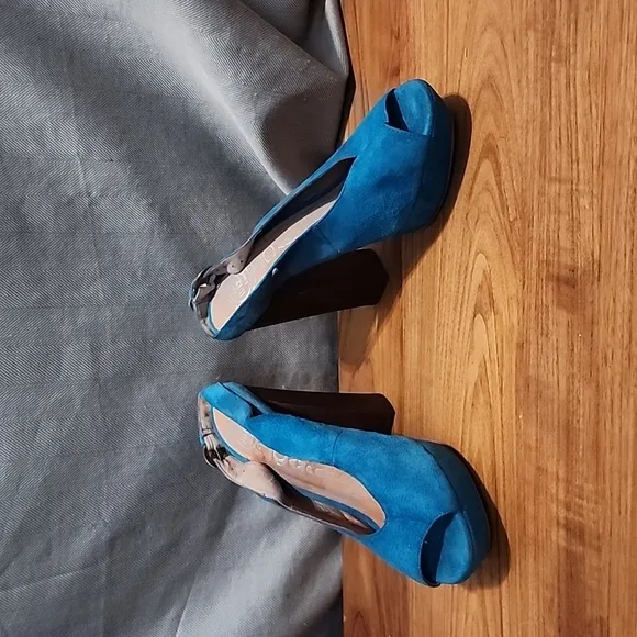 JEFFREY CAMPBELL Aqua Suede &quot;Friend&quot; Peep-Toe Slingback Platform Heels, size 7