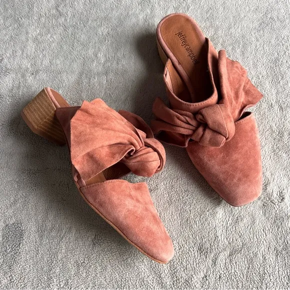 Jeffrey Campbell Cyrus Bow Suede Leather Slip-On Block Heel Mules Rose Pink 8.5