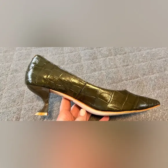 Jeffrey Campbell Sz 9.5 Olive Green Totem Croc-Embossed Kitten Heels Worn 1x