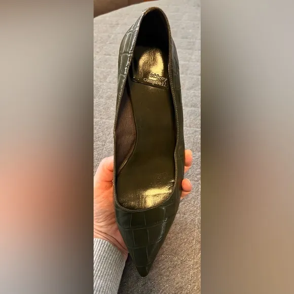 Jeffrey Campbell Sz 9.5 Olive Green Totem Croc-Embossed Kitten Heels Worn 1x
