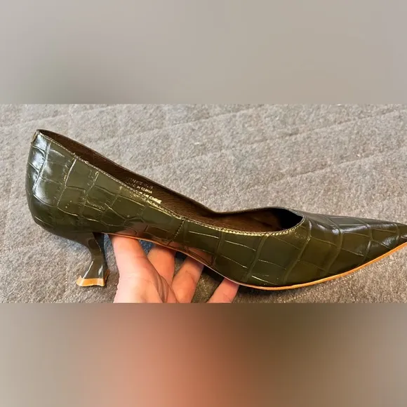 Jeffrey Campbell Sz 9.5 Olive Green Totem Croc-Embossed Kitten Heels Worn 1x