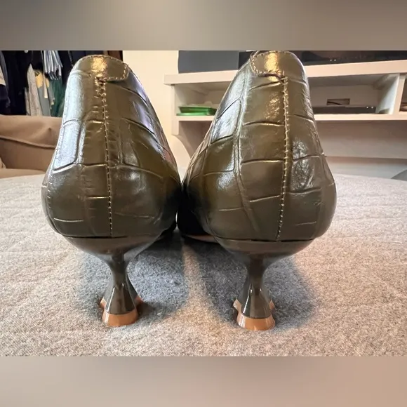 Jeffrey Campbell Sz 9.5 Olive Green Totem Croc-Embossed Kitten Heels Worn 1x