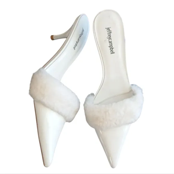 Jeffrey Campbell White Furry Patent Leather Mules Size 10