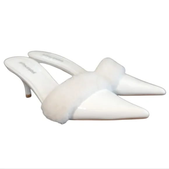 Jeffrey Campbell White Furry Patent Leather Mules Size 10