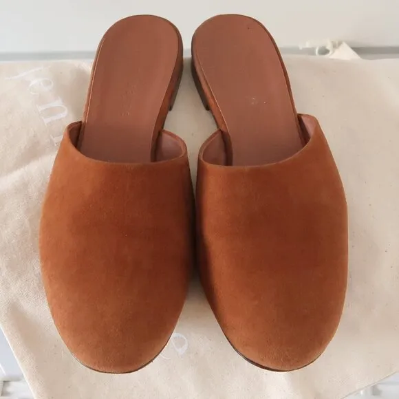 Jenni Kayne Rounded Saddle Suede Mules Flat Slip-on Shoes Casual Minimalist