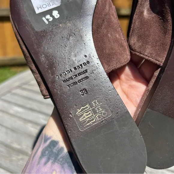 Jenni Kayne Suede Mules Slip On Flat, Pointed Toe, Saddle Brown, Womens Sz 8 38