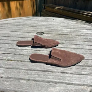 Jenni Kayne Suede Mules Slip On Flat, Pointed Toe, Saddle Brown, Womens Sz 8 38