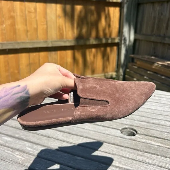 Jenni Kayne Suede Mules Slip On Flat, Pointed Toe, Saddle Brown, Womens Sz 8 38