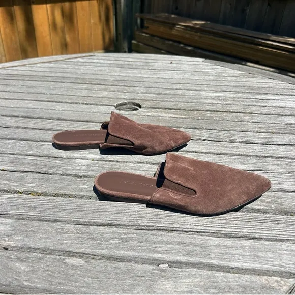 Jenni Kayne Suede Mules Slip On Flat, Pointed Toe, Saddle Brown, Womens Sz 8 38