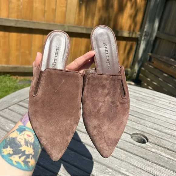 Jenni Kayne Suede Mules Slip On Flat, Pointed Toe, Saddle Brown, Womens Sz 8 38