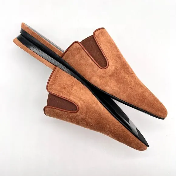 JENNI KAYNE Suede Mules Womens 38 Saddle Brown Slip on Pointy Toe Quiet Luxury